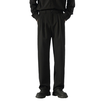 Muške hlače u japanskom stilu za casual nošenje, širokog ravnog kroja, srednji porast, zatvaranje na gumbe, 97% poliester, 3% spandex, proljeće i jesen
