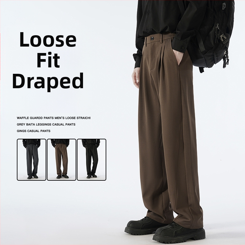 Muške hlače u japanskom stilu za casual nošenje, širokog ravnog kroja, srednji porast, zatvaranje na gumbe, 97% poliester, 3% spandex, proljeće i jesen