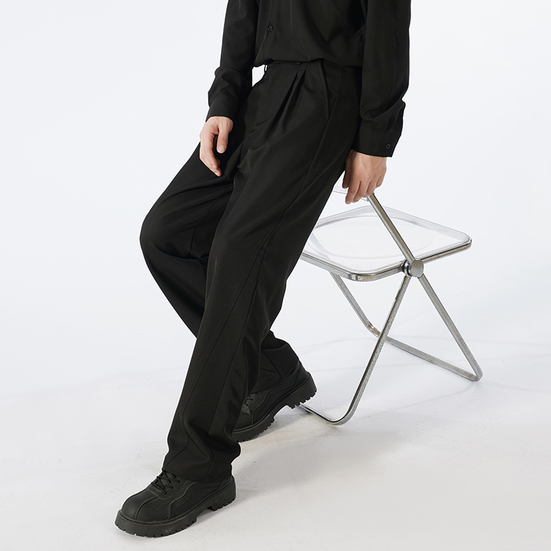 Muške hlače u japanskom stilu za casual nošenje, širokog ravnog kroja, srednji porast, zatvaranje na gumbe, 97% poliester, 3% spandex, proljeće i jesen