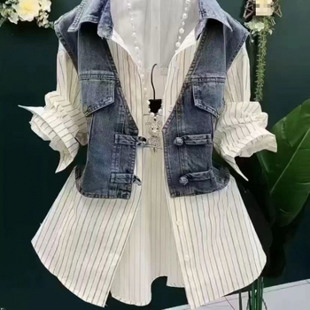 Košulja od denima i pamuka s polo ovratnikom, dugi rukavi, širok kroj — lažni dvodijelni set, gradski stil