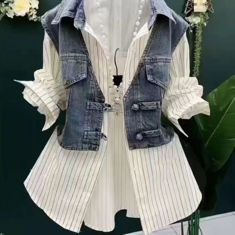 Košulja od denima i pamuka s polo ovratnikom, dugi rukavi, širok kroj — lažni dvodijelni set, gradski stil