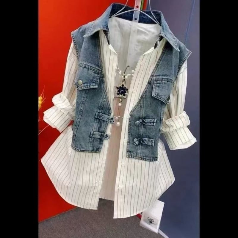 Košulja od denima i pamuka s polo ovratnikom, dugi rukavi, širok kroj — lažni dvodijelni set, gradski stil