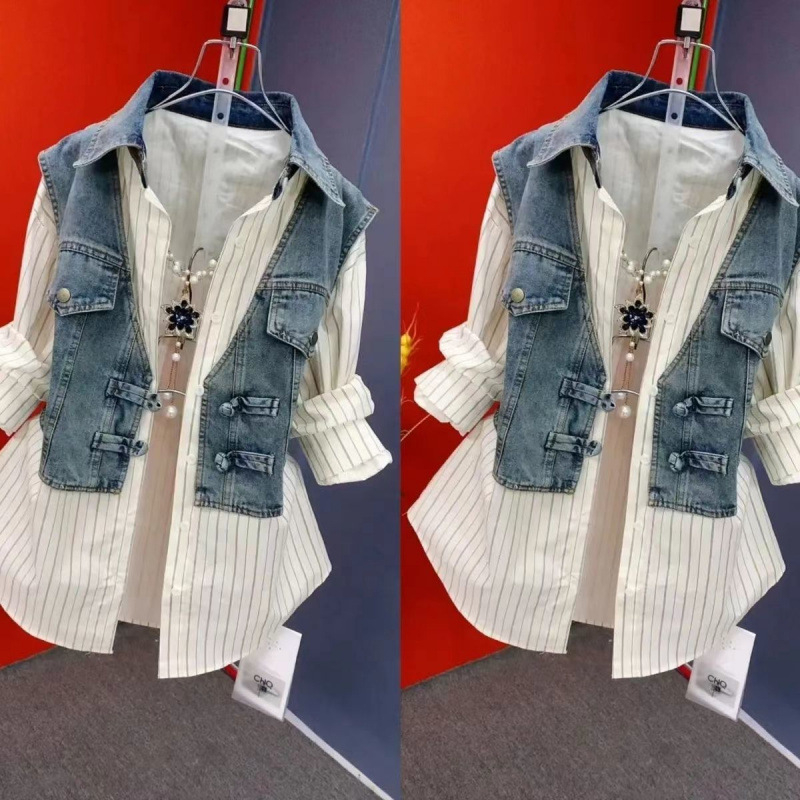 Košulja od denima i pamuka s polo ovratnikom, dugi rukavi, širok kroj — lažni dvodijelni set, gradski stil