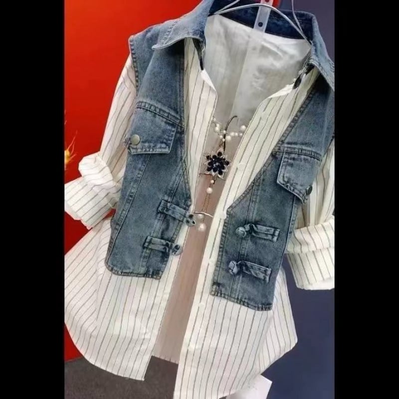Košulja od denima i pamuka s polo ovratnikom, dugi rukavi, širok kroj — lažni dvodijelni set, gradski stil