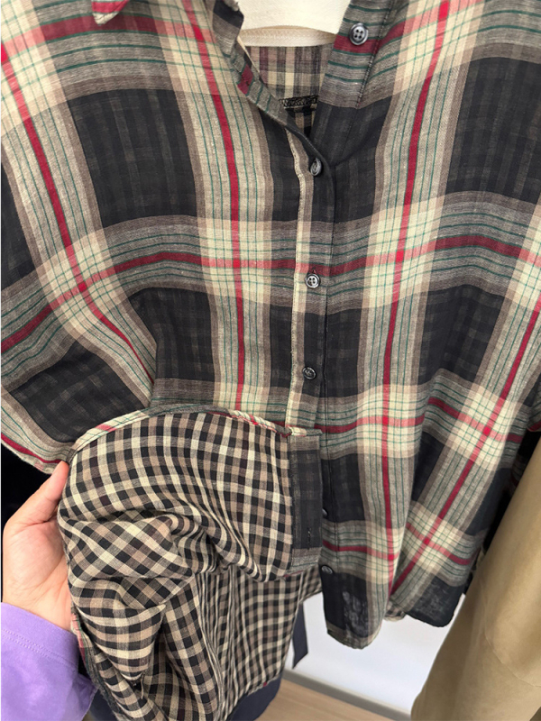Ženska košulja s prugama i karirama, polo ovratnik, slobodan kroj, retro literarni stil