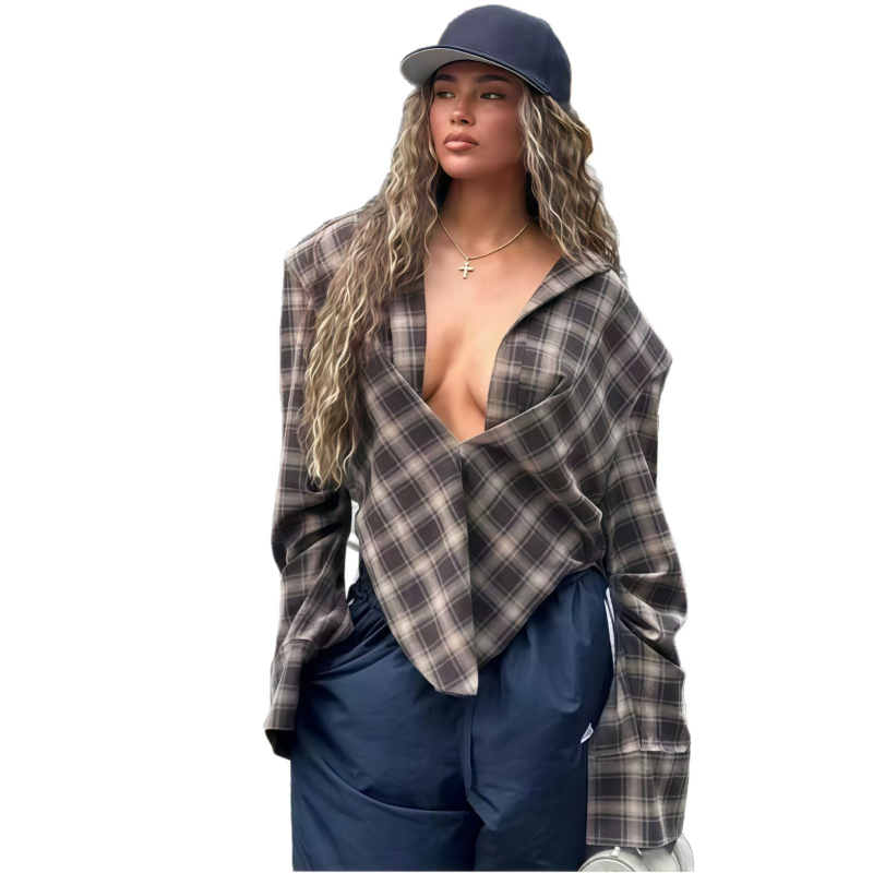 Ženska vintage karirana košulja za jesen 2025 – opušteni kroj, casual stil, dugi rukav, košulja jakna