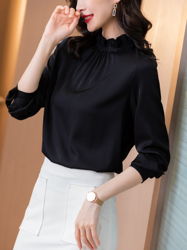 Ženska košulja od svile Mulberry, dugi rukavi, stojeći ovratnik, pulover stil