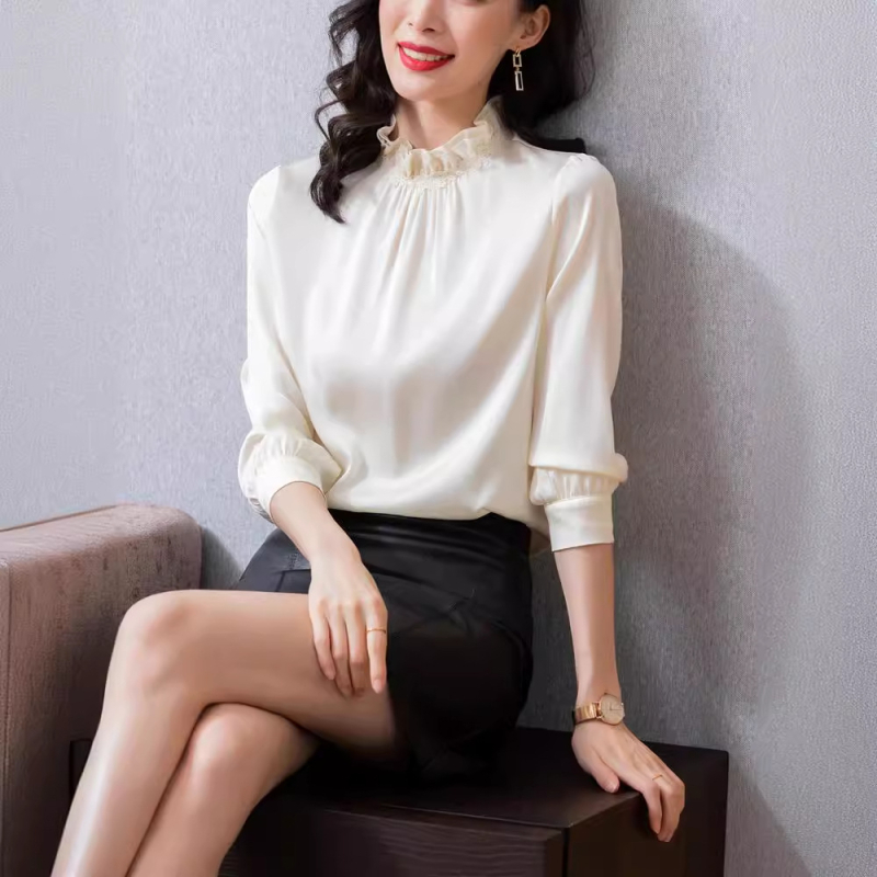 Ženska košulja od svile Mulberry, dugi rukavi, stojeći ovratnik, pulover stil