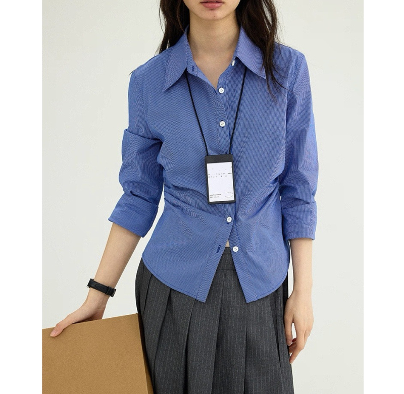 Košulja od pamuka, slim-fit kroj, polo ovratnik, dugi rukavi, jednobojna, casual stil japansko-korejski