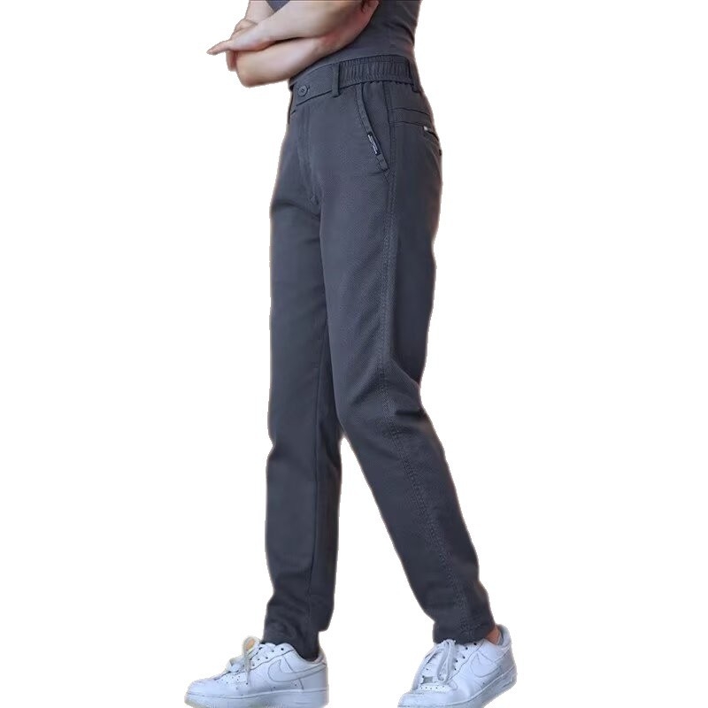 Muške hlače za poslovni casual, slim fit s ravnim krojem, srednji struk, kopča vezicom, bez glačanja, 95% poliester, više džepova