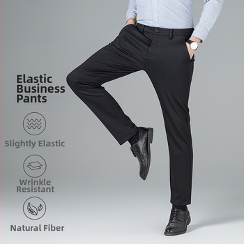 Muške poslovno casual ravne hlače s prugama, poliesterska smjesa, srednji struk