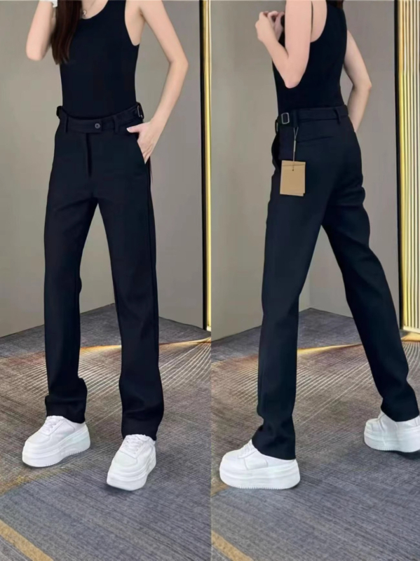 Muške casual hlače u korejskom stilu, ravni kroj, visok pas, vezanje čvorom, pamuk-elastanska smjesa