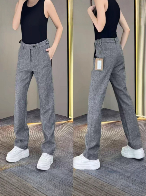 Muške casual hlače u korejskom stilu, ravni kroj, visok pas, vezanje čvorom, pamuk-elastanska smjesa