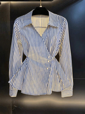 Ženska košulja od poliestera s 3D uzorkom, V izrez, dugi rukavi, prednje kopčanje s tri gumba