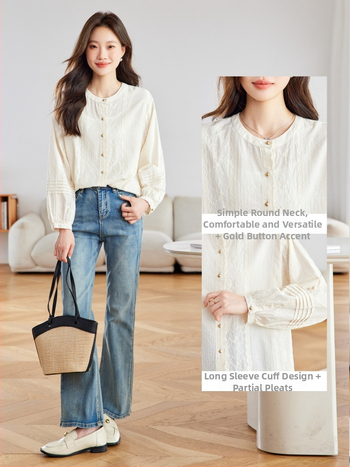 Pamukasta bluza s okruglim izrezom, dugi rukavi, izvezen cvjetni dizajn, elegantan stil, proljeće 2026