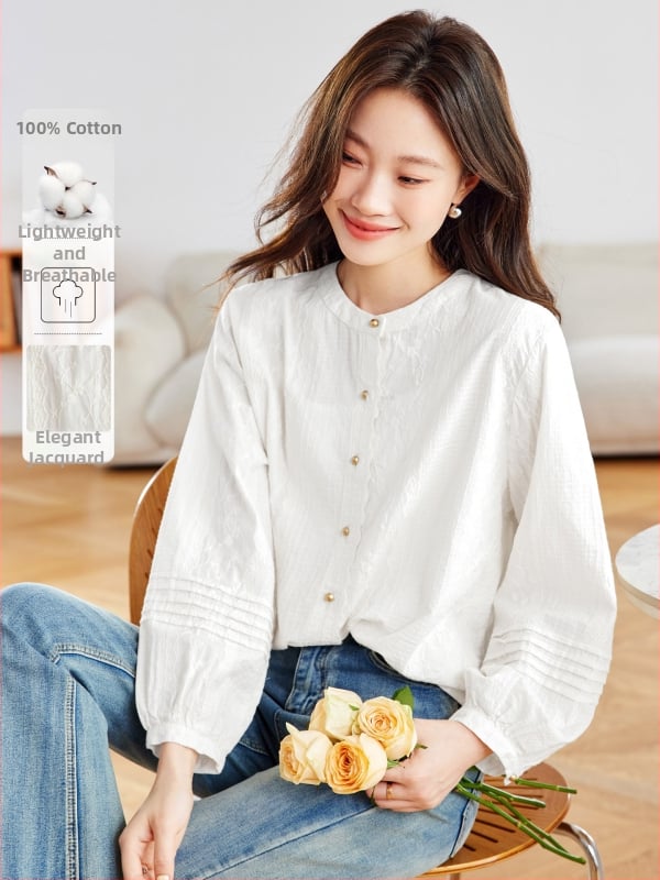 Pamukasta bluza s okruglim izrezom, dugi rukavi, izvezen cvjetni dizajn, elegantan stil, proljeće 2026