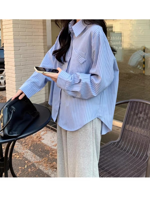 Prugasta slojevita košulja s ovratnikom polo, ravni kroj, duge rukave, poliester (95%+), casual stil