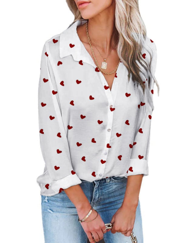 Košulja s uzorkom ljubavi, duge rukave, ovratnik s klopom, jednostruko kopčanje