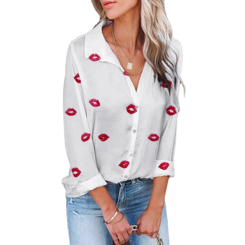 Košulja s uzorkom ljubavi, duge rukave, ovratnik s klopom, jednostruko kopčanje