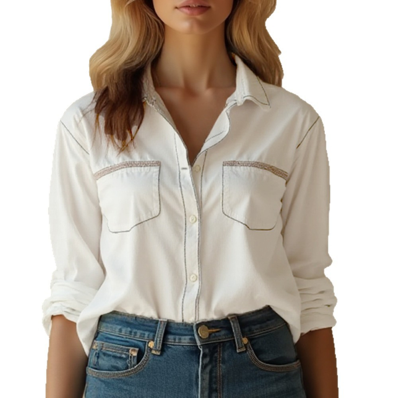 Ženska košuljo‑jakna s denim izgledom, patchwork detalji, pamuk‑poliester smjesa, dugi rukavi, sakolni ovratnik, višestruko kopčanje sprijeda