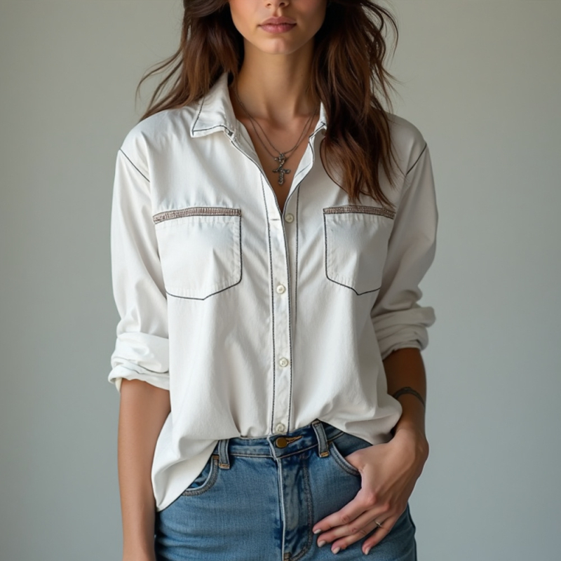 Ženska košuljo‑jakna s denim izgledom, patchwork detalji, pamuk‑poliester smjesa, dugi rukavi, sakolni ovratnik, višestruko kopčanje sprijeda