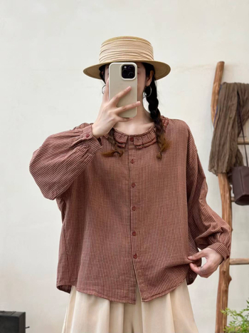 Ženska pamučna karirana kardigan-košulja, ležeran kroj, duge rukave, višeslojni dizajn, ovratnik s klopom