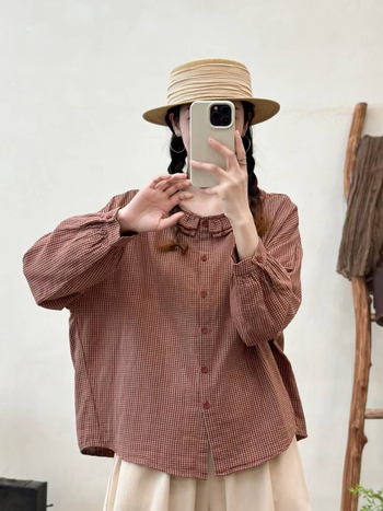 Ženska pamučna karirana kardigan-košulja, ležeran kroj, duge rukave, višeslojni dizajn, ovratnik s klopom