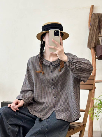 Ženska pamučna karirana kardigan-košulja, ležeran kroj, duge rukave, višeslojni dizajn, ovratnik s klopom