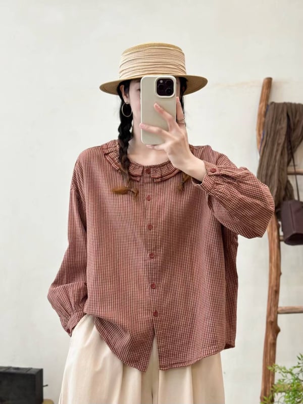 Ženska pamučna karirana kardigan-košulja, ležeran kroj, duge rukave, višeslojni dizajn, ovratnik s klopom