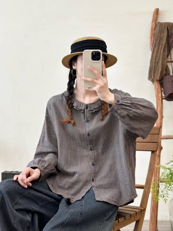 Ženska pamučna karirana kardigan-košulja, ležeran kroj, duge rukave, višeslojni dizajn, ovratnik s klopom