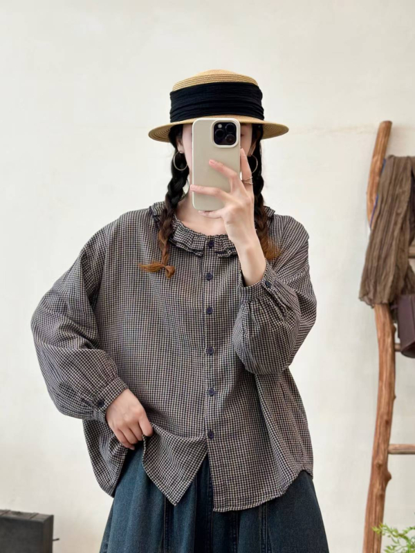 Ženska pamučna karirana kardigan-košulja, ležeran kroj, duge rukave, višeslojni dizajn, ovratnik s klopom