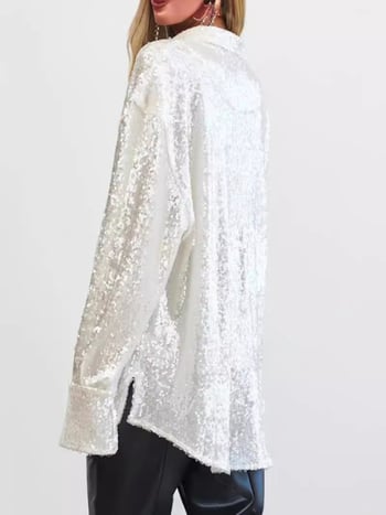 Ženska košulja sa šljokicama, ležernog kroja, dugi rukavi, srednja duljina 65–80 cm, ovratnik košulje, elegantan stil, poliester s šljokicama