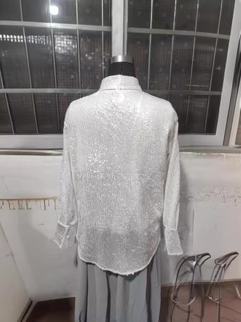 Ženska košulja sa šljokicama, ležernog kroja, dugi rukavi, srednja duljina 65–80 cm, ovratnik košulje, elegantan stil, poliester s šljokicama