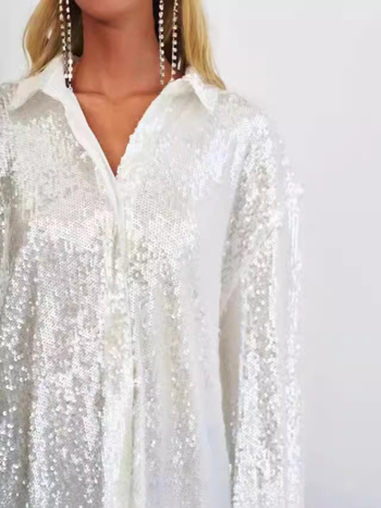 Ženska košulja sa šljokicama, ležernog kroja, dugi rukavi, srednja duljina 65–80 cm, ovratnik košulje, elegantan stil, poliester s šljokicama