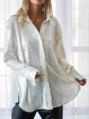 Ženska košulja sa šljokicama, ležernog kroja, dugi rukavi, srednja duljina 65–80 cm, ovratnik košulje, elegantan stil, poliester s šljokicama