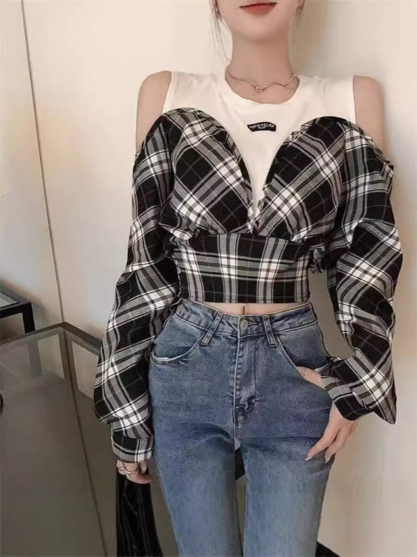 Košulja s izgledom dvaju dijelova, karirani uzorak s 3D efektom, dugi rukavi, okrugli ovratnik, poliester