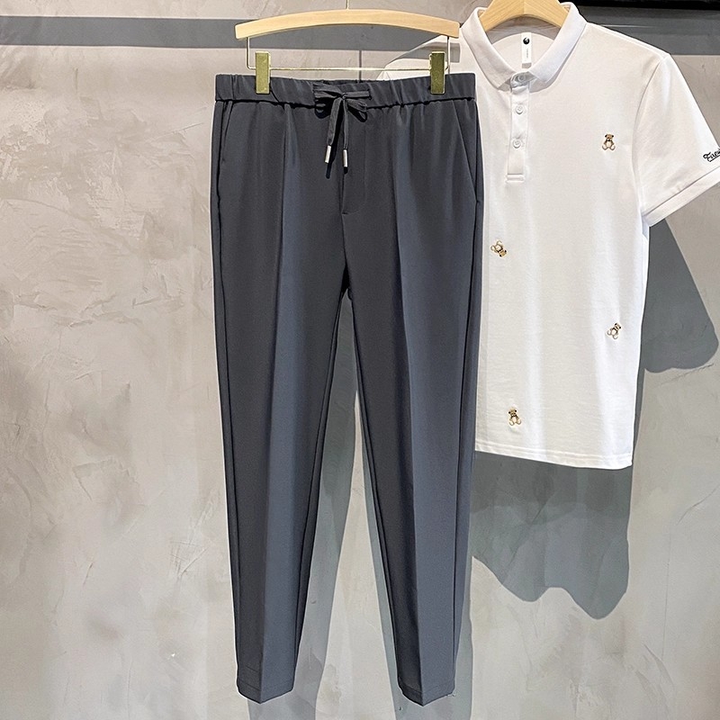 Muške hlače poslovnog stila, lagane, ravni kroj, elastičan pojas sa vezicom, 95% poliester