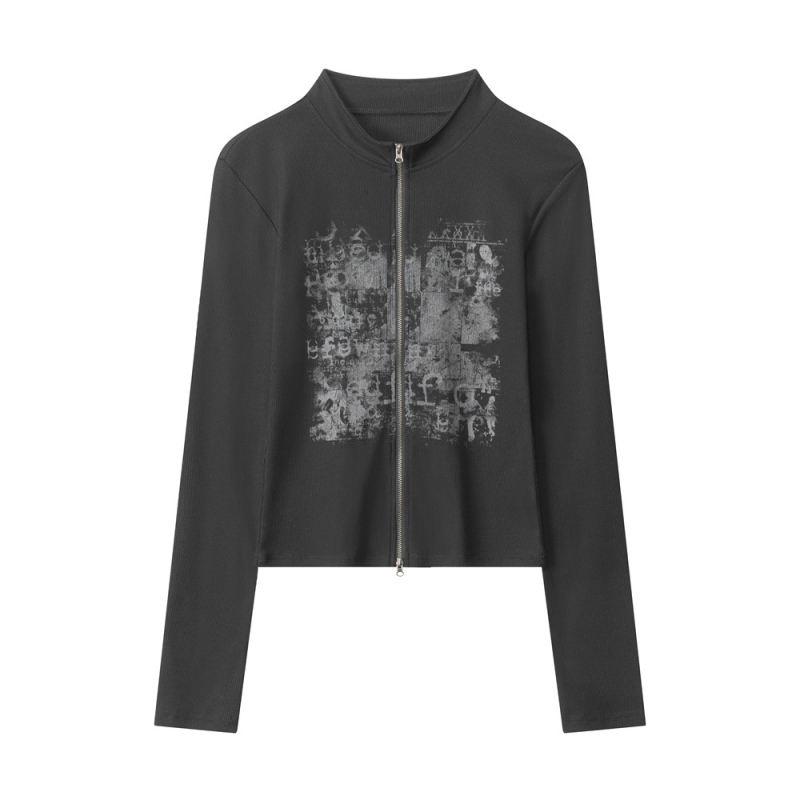 Heyhenry Ženski Slim-Fit Kardigan-Top s Malim Stojećim Ovratnikom, Dugim Rukavima, Ispis Teksta, Pamuk/Poliester/Elastan