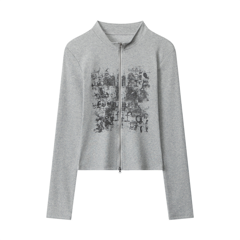 Heyhenry Ženski Slim-Fit Kardigan-Top s Malim Stojećim Ovratnikom, Dugim Rukavima, Ispis Teksta, Pamuk/Poliester/Elastan