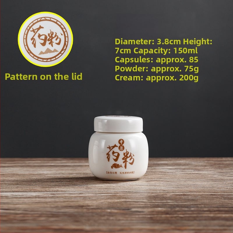 Porcelanski spremnik za prah tradicionalne kineske medicine, okruglog oblika, kapacitet ispod 300 ml, mikrovalna pećnica kompatibilna