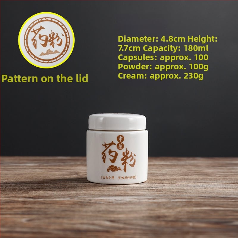 Porcelanski spremnik za prah tradicionalne kineske medicine, okruglog oblika, kapacitet ispod 300 ml, mikrovalna pećnica kompatibilna