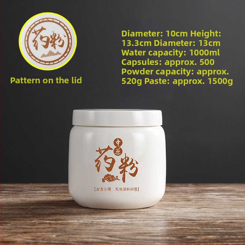 Porcelanski spremnik za prah tradicionalne kineske medicine, okruglog oblika, kapacitet ispod 300 ml, mikrovalna pećnica kompatibilna