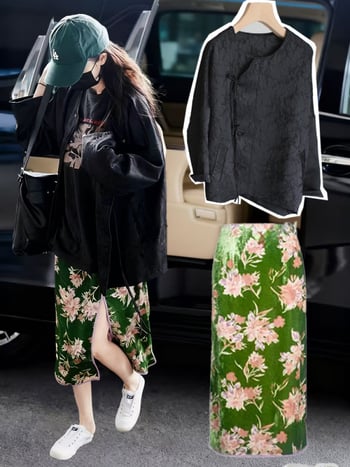 Ženski set: bluza-jaka u kineskom stilu s žakardom (80–90% poliestera), kvadratni ovratnik, dugi rukavi, set suknje od žakarda od baršuna