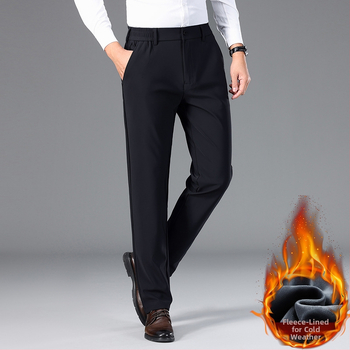 Muške zimske casual hlače s flis podstavom, elastični najlon materijal, ravni kroj, ziper, niski struk