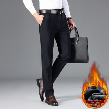 Muške zimske casual hlače s flis podstavom, elastični najlon materijal, ravni kroj, ziper, niski struk