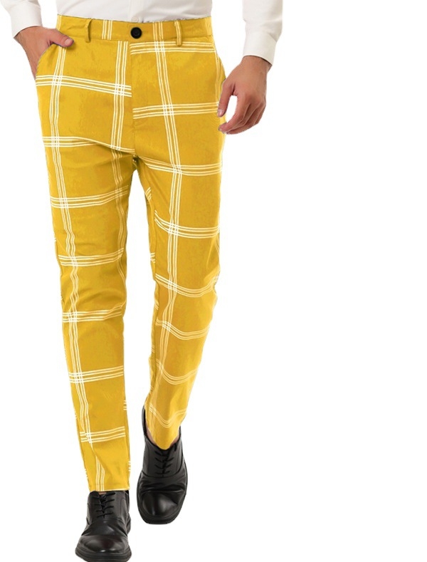 Muške hlače ravnog kroja, pamuk–poliesterska smjesa (96% poliestera), lagani poslovni stil, digitalni otisak, pogodne za sve sezone.