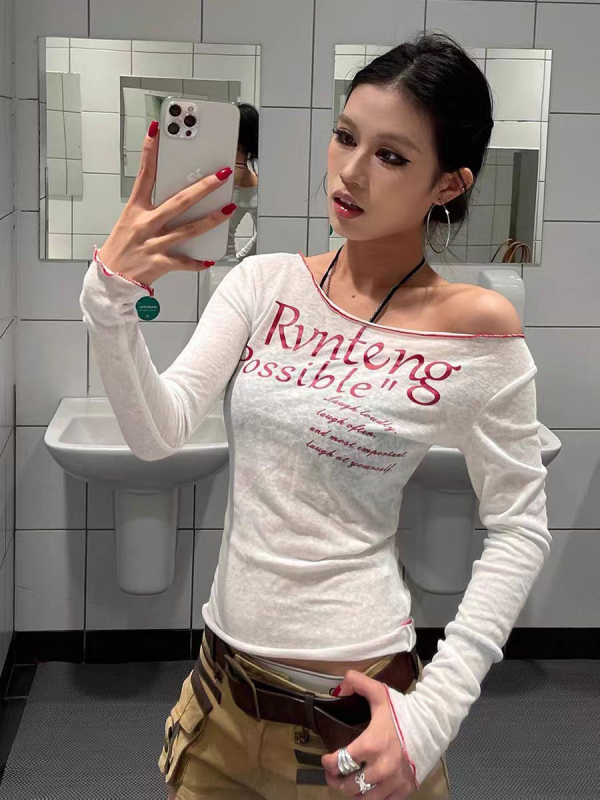 Poliester majica s printom slova, off-shoulder, dugi rukavi, slobodan kroj