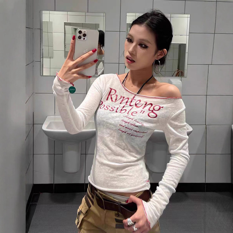 Poliester majica s printom slova, off-shoulder, dugi rukavi, slobodan kroj