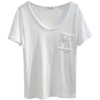 Ženski pamuk T-shirt s kratkim rukavima, V izrezom, ležeran kroj, našivena džep s dizajnom koláže, jednobojni model, ljeto 2025, 90-95% pamuk, do 30% elastan