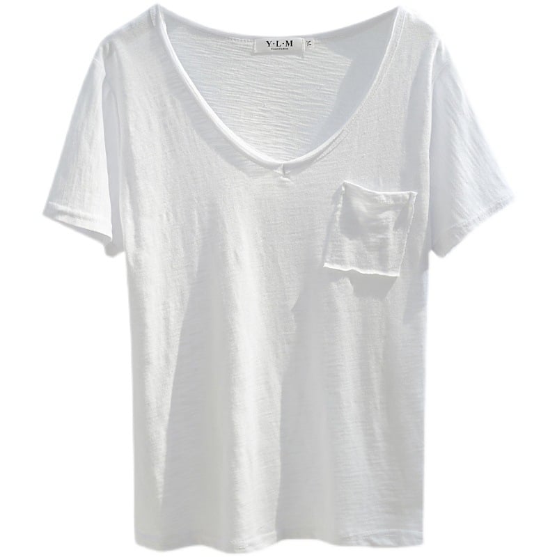 Ženski pamuk T-shirt s kratkim rukavima, V izrezom, ležeran kroj, našivena džep s dizajnom koláže, jednobojni model, ljeto 2025, 90-95% pamuk, do 30% elastan